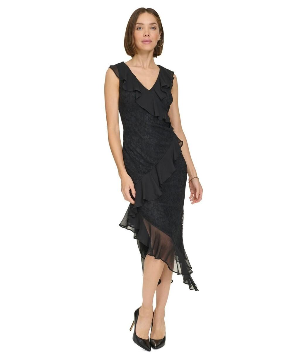 Tommy Hilfiger Women's Chiffon-Ruffled Lace Dress - Black